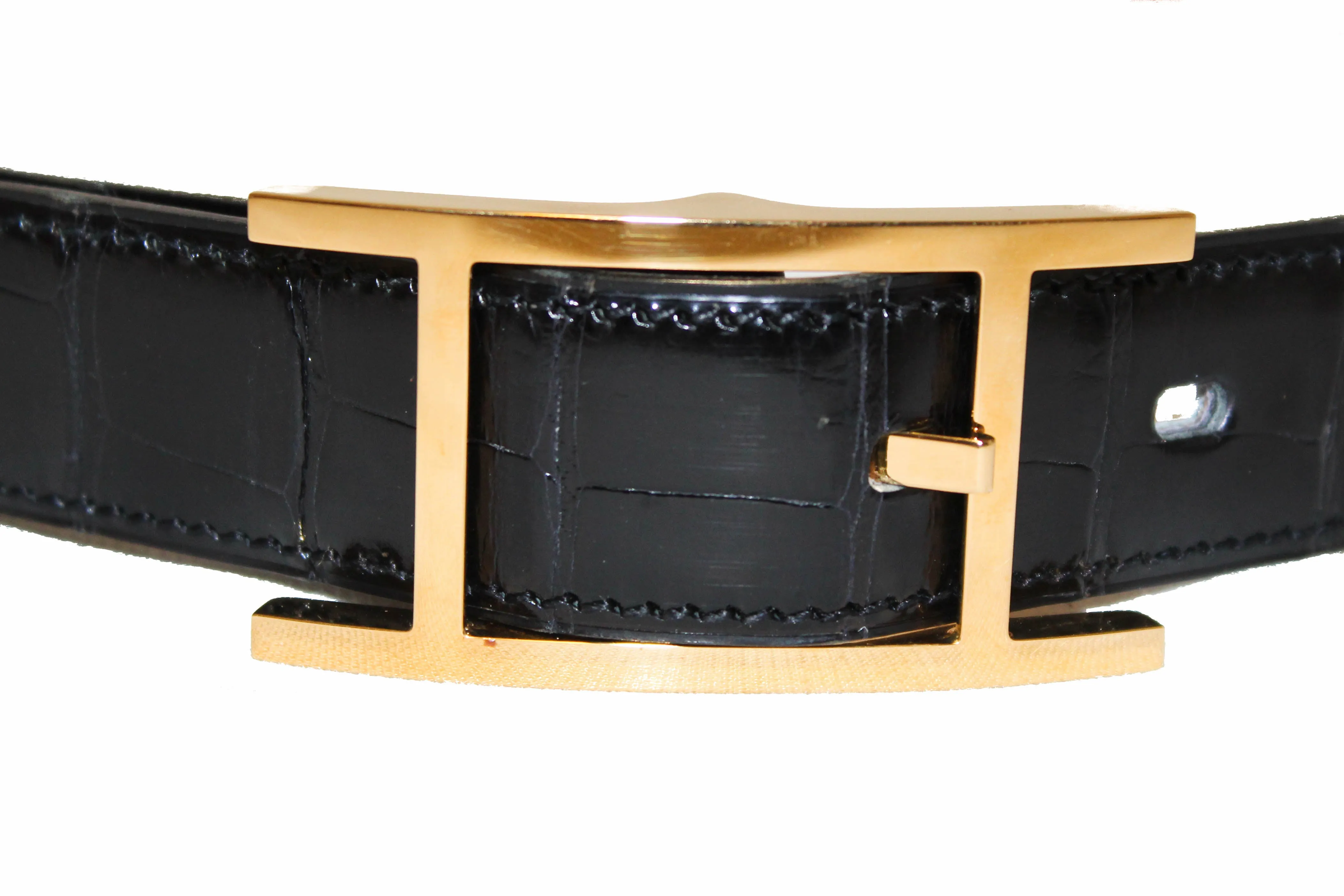 Authentic Hermes Reversible Black Crocodile Embossed/Brown Quentin Calfskin Leather Belt