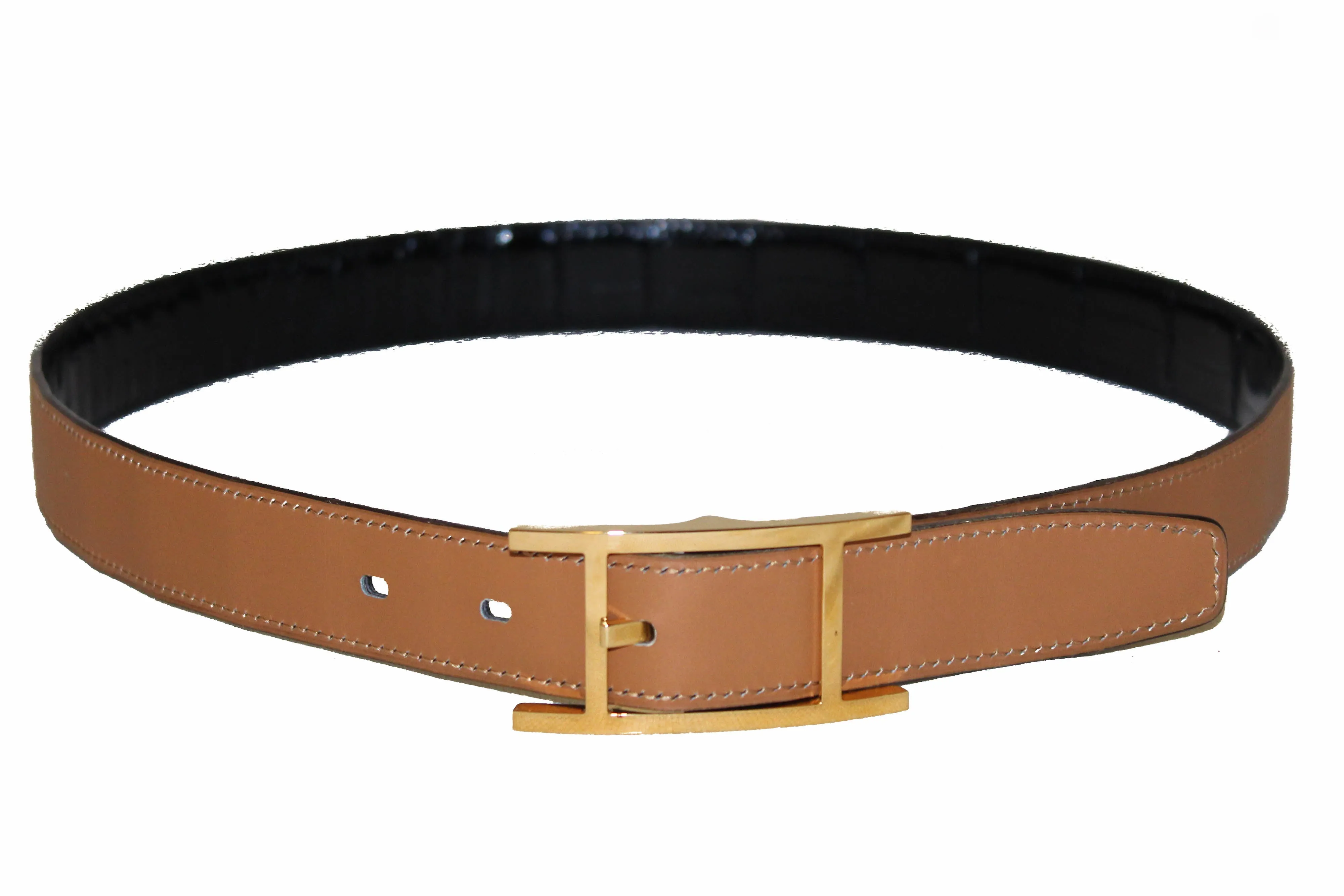 Authentic Hermes Reversible Black Crocodile Embossed/Brown Quentin Calfskin Leather Belt