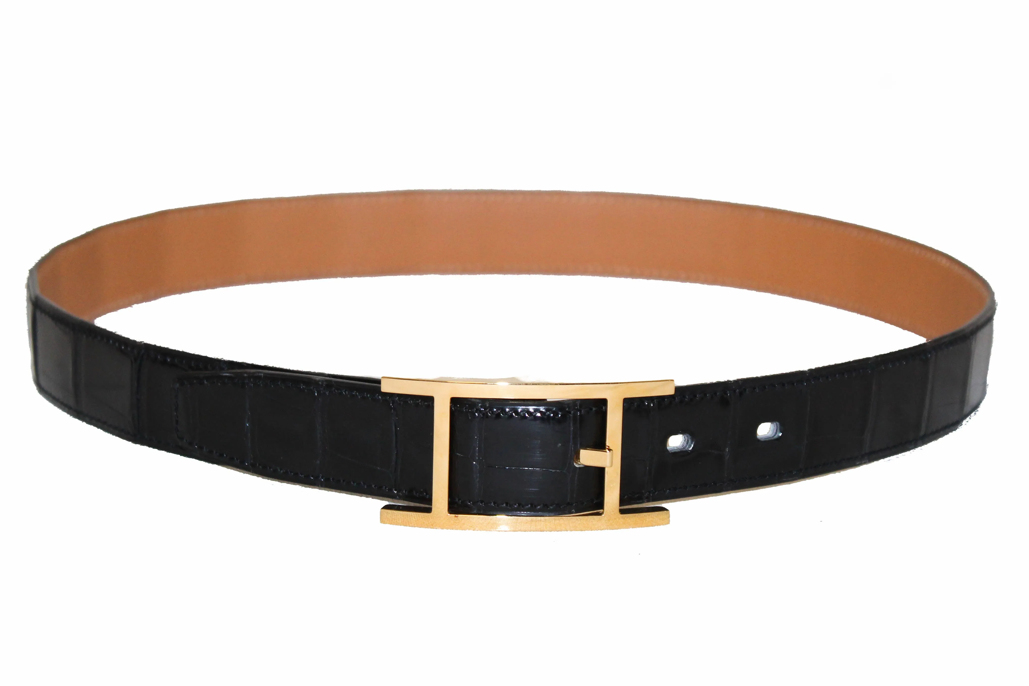 Authentic Hermes Reversible Black Crocodile Embossed/Brown Quentin Calfskin Leather Belt