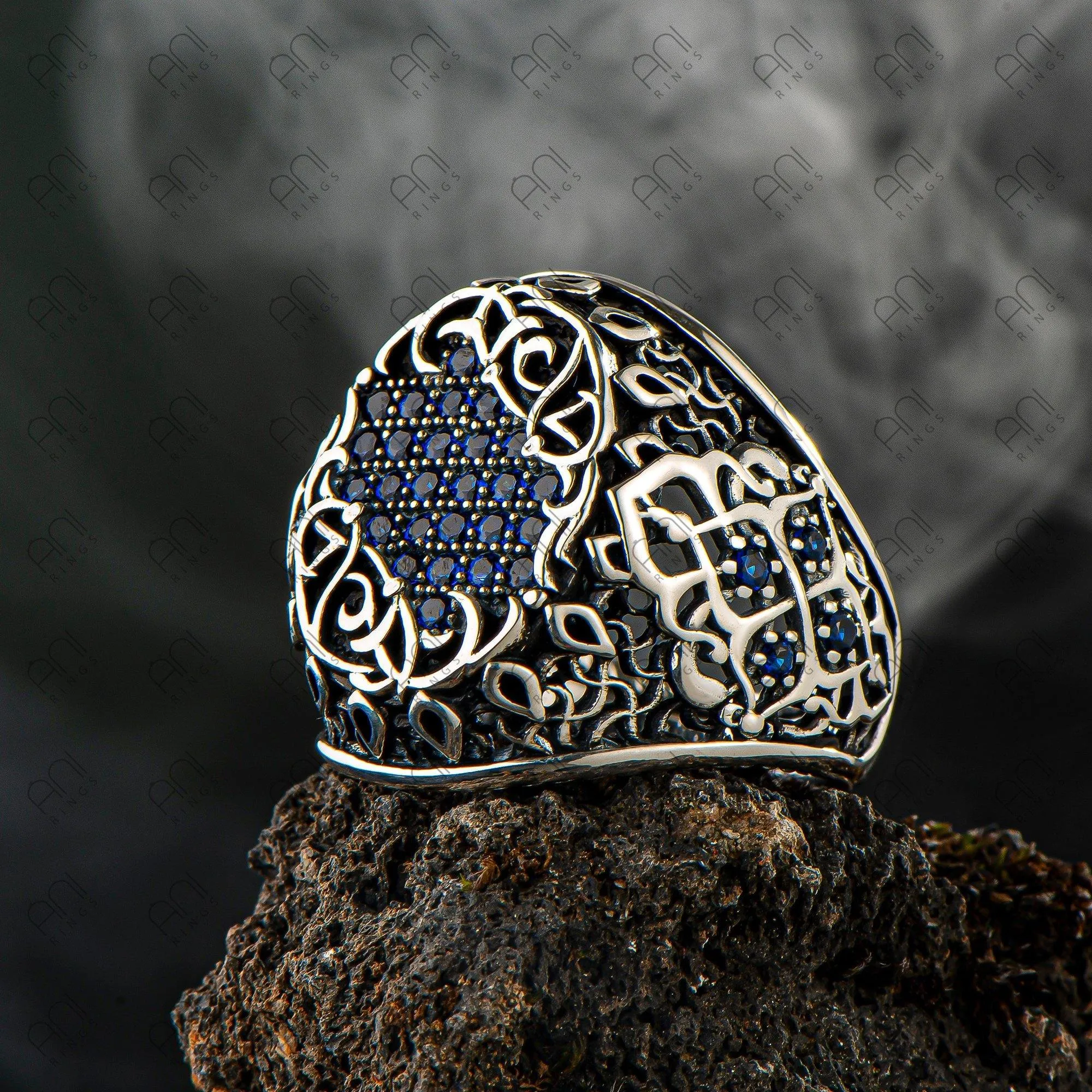 Black Zircon Gemstone Men Silver Ring, Men Vintage Ring, Men Engraved Ring