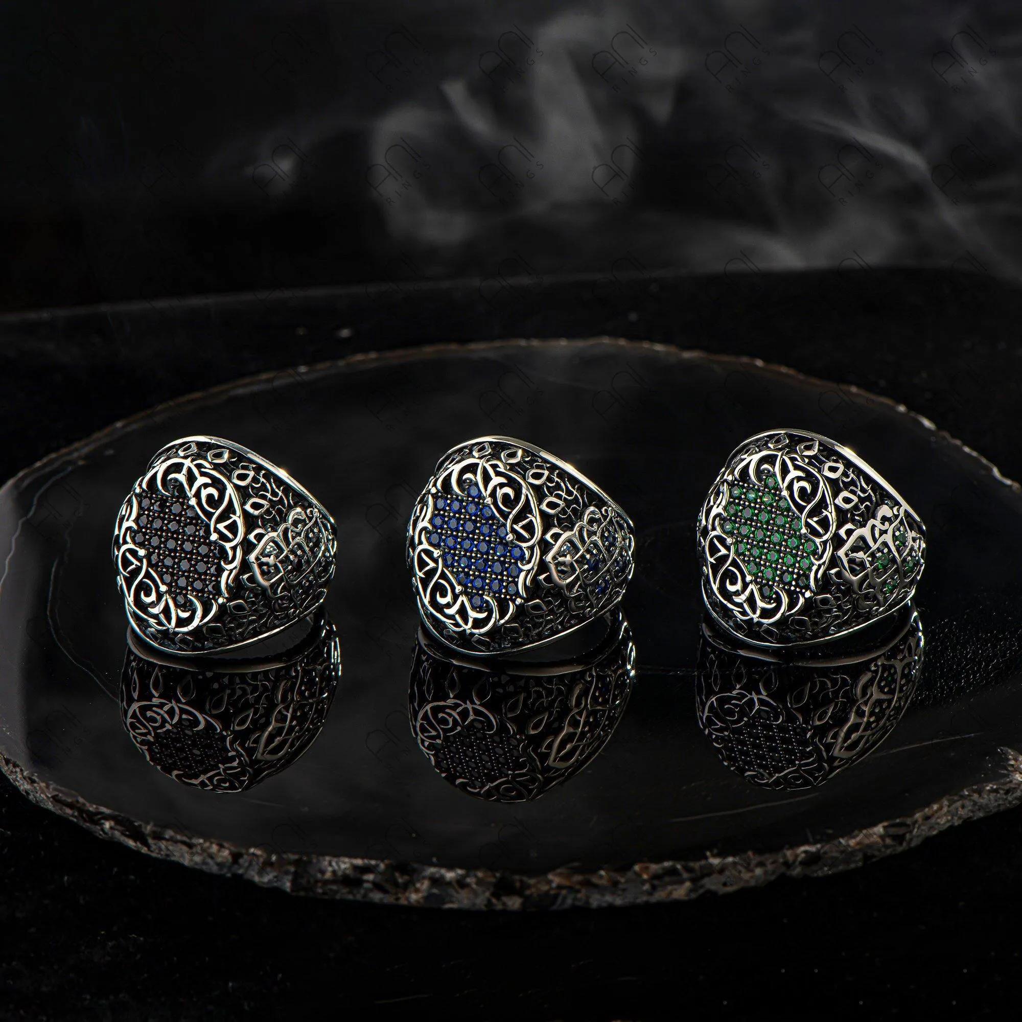 Black Zircon Gemstone Men Silver Ring, Men Vintage Ring, Men Engraved Ring