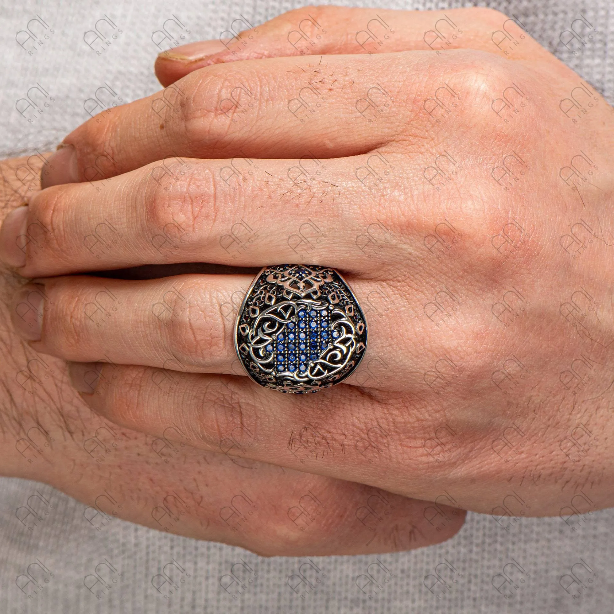 Black Zircon Gemstone Men Silver Ring, Men Vintage Ring, Men Engraved Ring