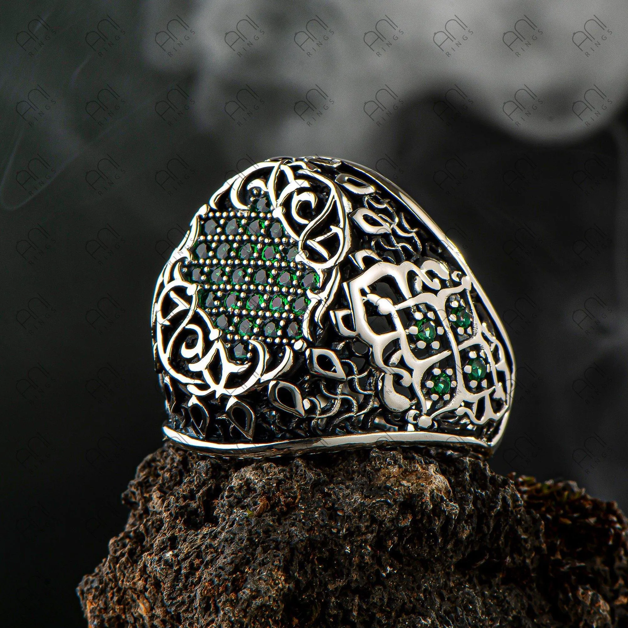 Black Zircon Gemstone Men Silver Ring, Men Vintage Ring, Men Engraved Ring