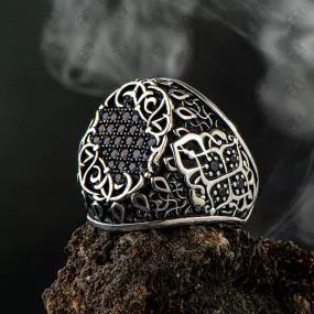 Black Zircon Gemstone Men Silver Ring, Men Vintage Ring, Men Engraved Ring