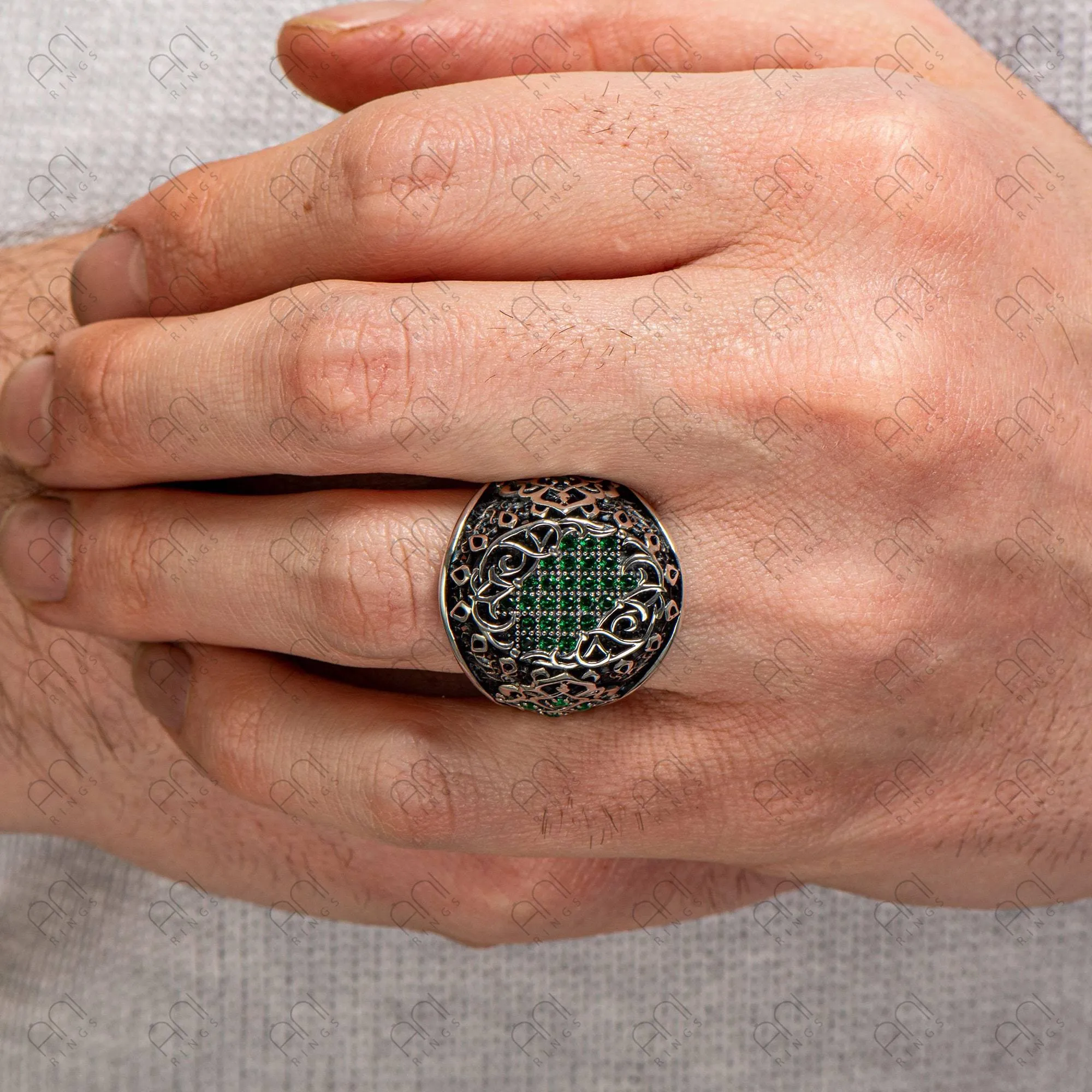 Black Zircon Gemstone Men Silver Ring, Men Vintage Ring, Men Engraved Ring