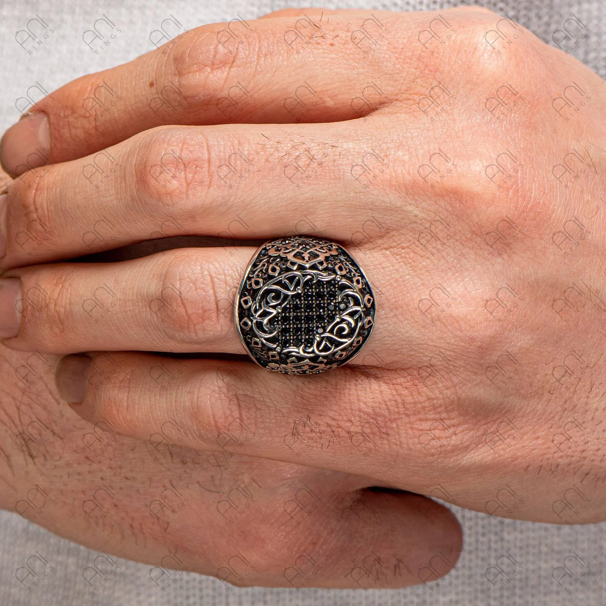 Black Zircon Gemstone Men Silver Ring, Men Vintage Ring, Men Engraved Ring