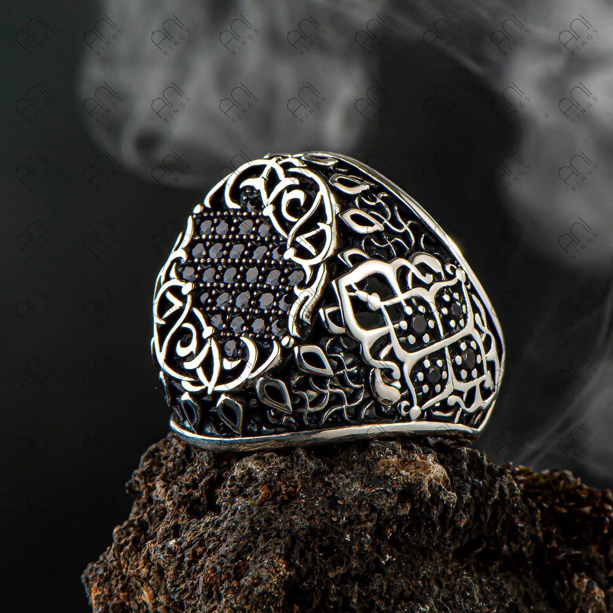 Black Zircon Gemstone Men Silver Ring, Men Vintage Ring, Men Engraved Ring