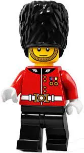 BRAND NEW, HARD TO FIND RARE RETIRED LEGO MINIFIGURE: ROYAL GUARD FROM BUCKINGHAM PALACE WITH TALL HEADDRESS, MUSKET GUN & BLACK BASE (Serie 5) 8805-10, YEAR 2011, 6 PIECES.
