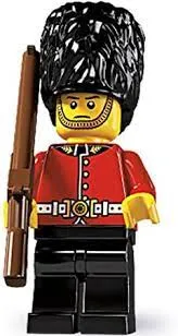 BRAND NEW, HARD TO FIND RARE RETIRED LEGO MINIFIGURE: ROYAL GUARD FROM BUCKINGHAM PALACE WITH TALL HEADDRESS, MUSKET GUN & BLACK BASE (Serie 5) 8805-10, YEAR 2011, 6 PIECES.