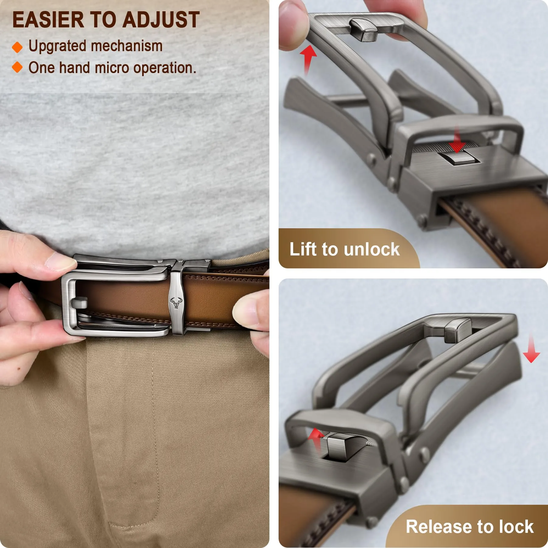 BULLIANT Ratchet Belts Men-Click Leather Belt Adjustable for Men Dress Casual Golf Jeans 1 3/8"-Cut for Fit(Black/Light Brown,32"-38" Waist Adjustable)
