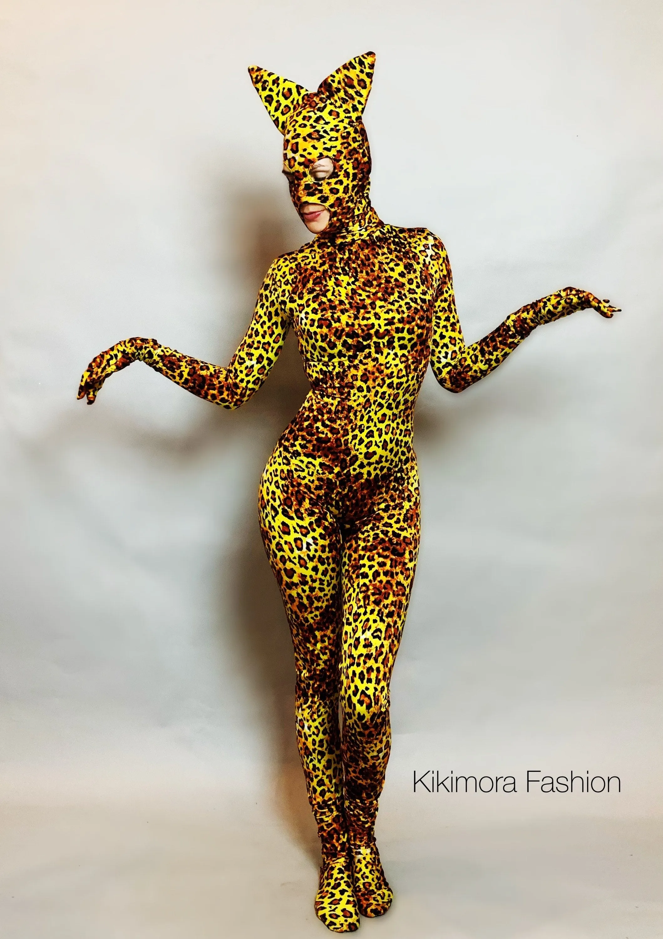 Cheetah Print Full Body Costume, Includes Headpiece with Cat Ears, Gloves, Socks