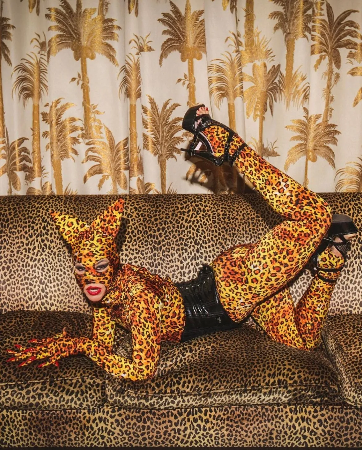 Cheetah Print Full Body Costume, Includes Headpiece with Cat Ears, Gloves, Socks