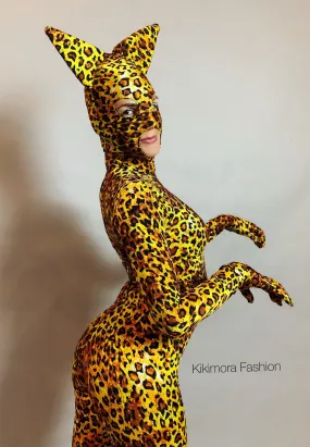 Cheetah Print Full Body Costume, Includes Headpiece with Cat Ears, Gloves, Socks
