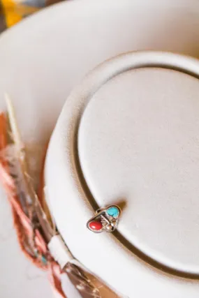 Classic Vintage Southwest Sterling Silver, Coral, Turquoise Leaf Ring