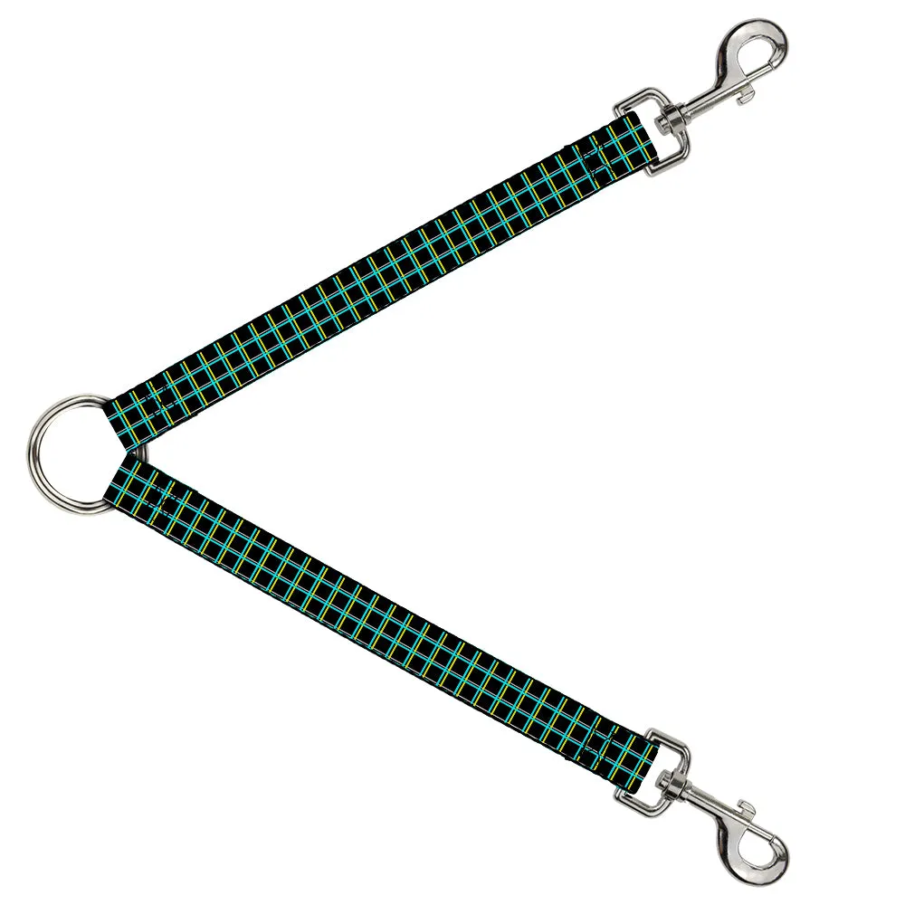 Dog Leash Splitter - Wire Grid Black/Turquoise/Yellow