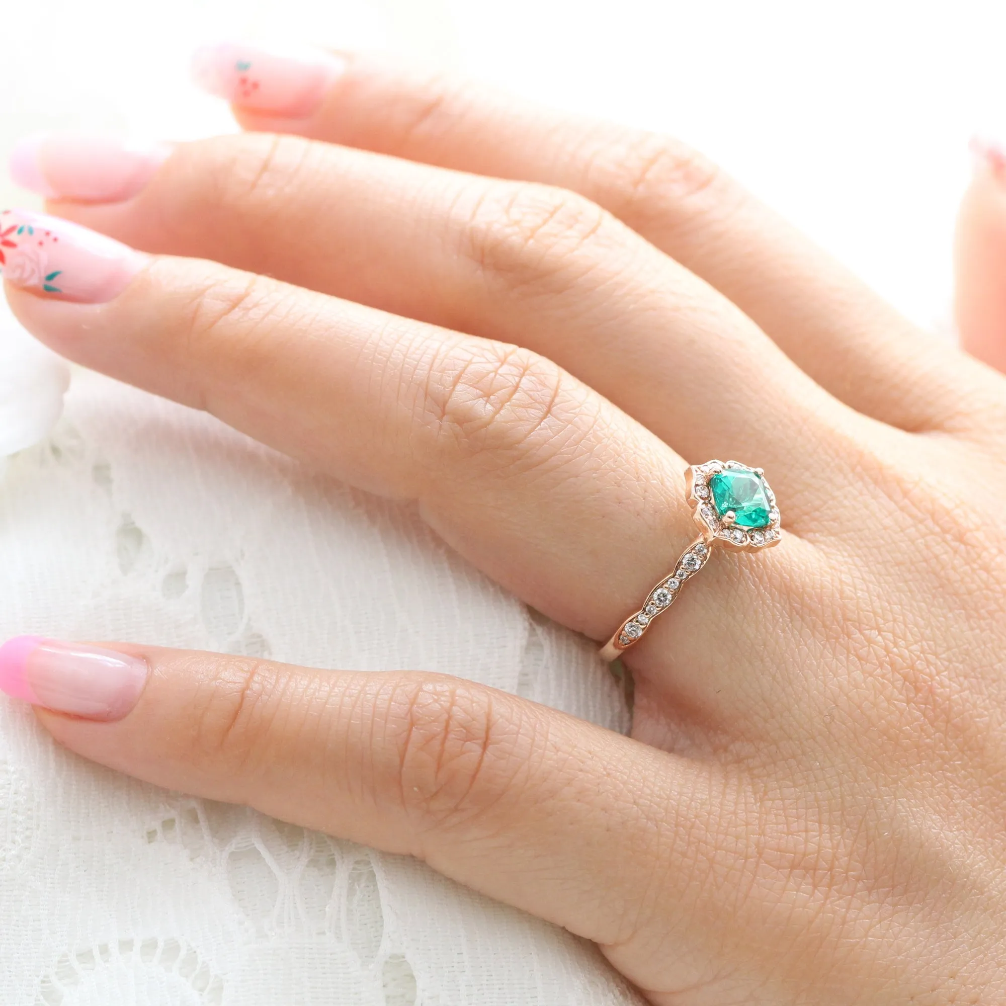 Emerald Diamond Engagement Ring in Mini Vintage Floral Scalloped Band