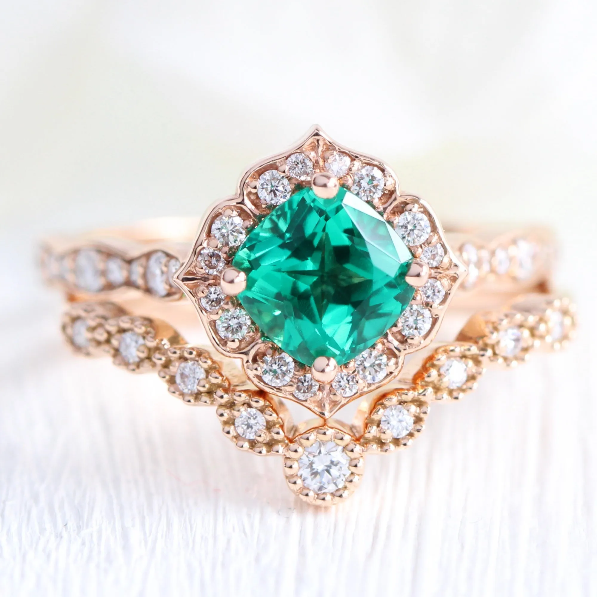 Emerald Diamond Engagement Ring in Mini Vintage Floral Scalloped Band