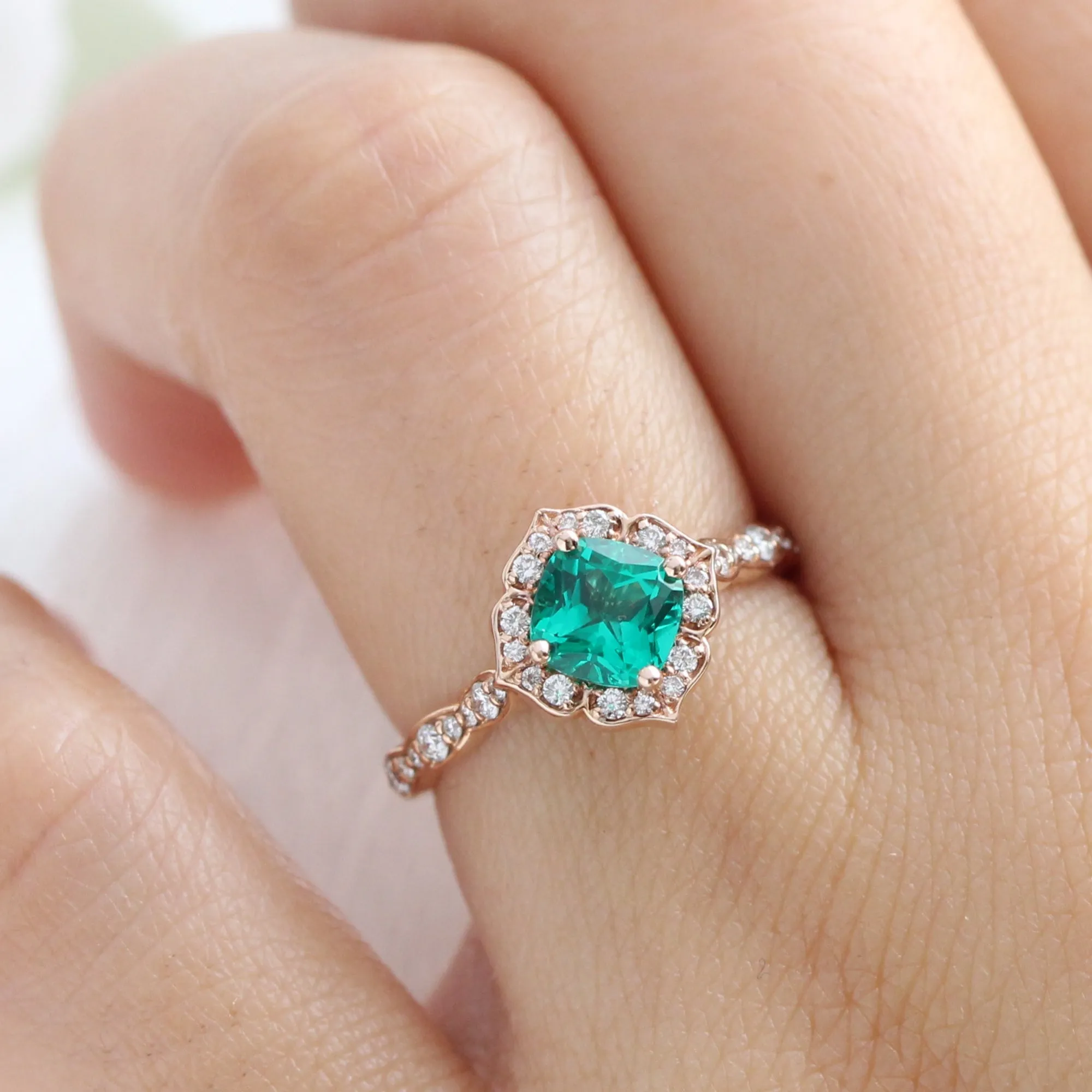 Emerald Diamond Engagement Ring in Mini Vintage Floral Scalloped Band