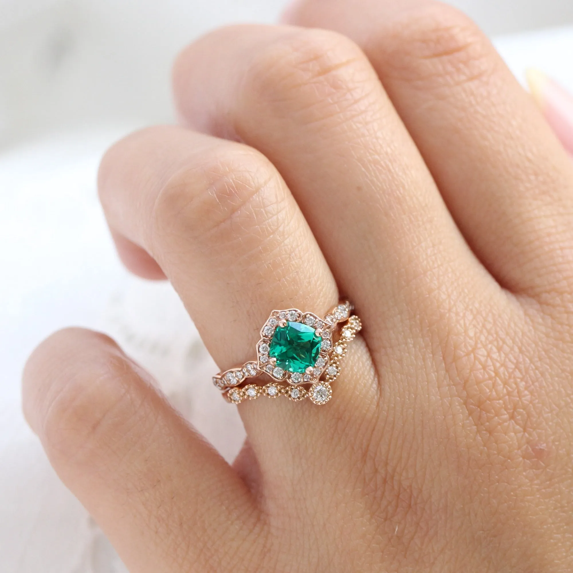 Emerald Diamond Engagement Ring in Mini Vintage Floral Scalloped Band