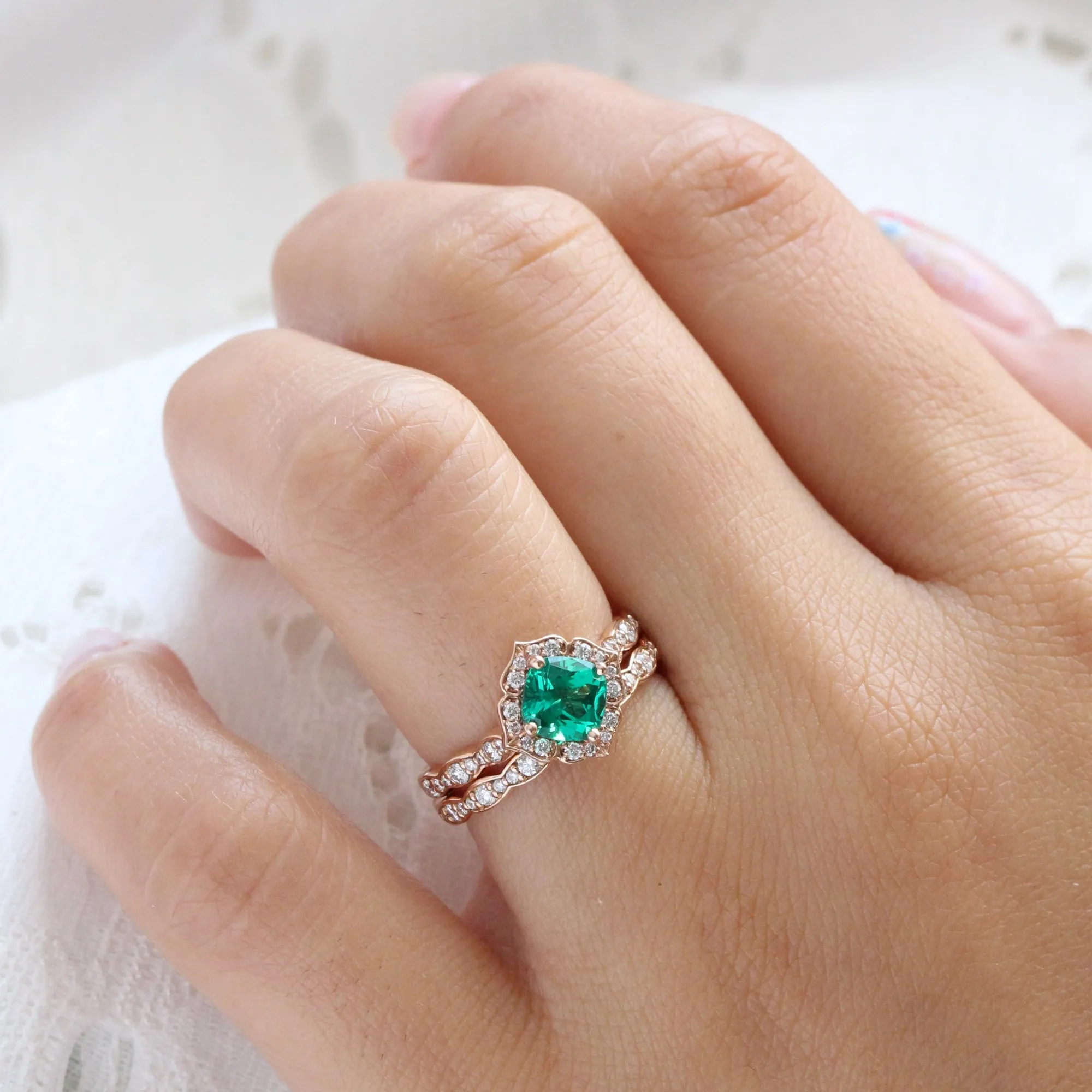 Emerald Diamond Engagement Ring in Mini Vintage Floral Scalloped Band