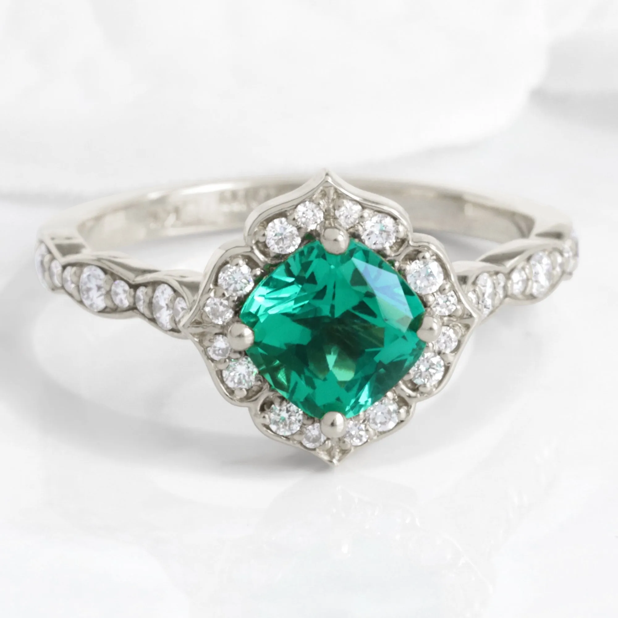 Emerald Diamond Engagement Ring in Mini Vintage Floral Scalloped Band