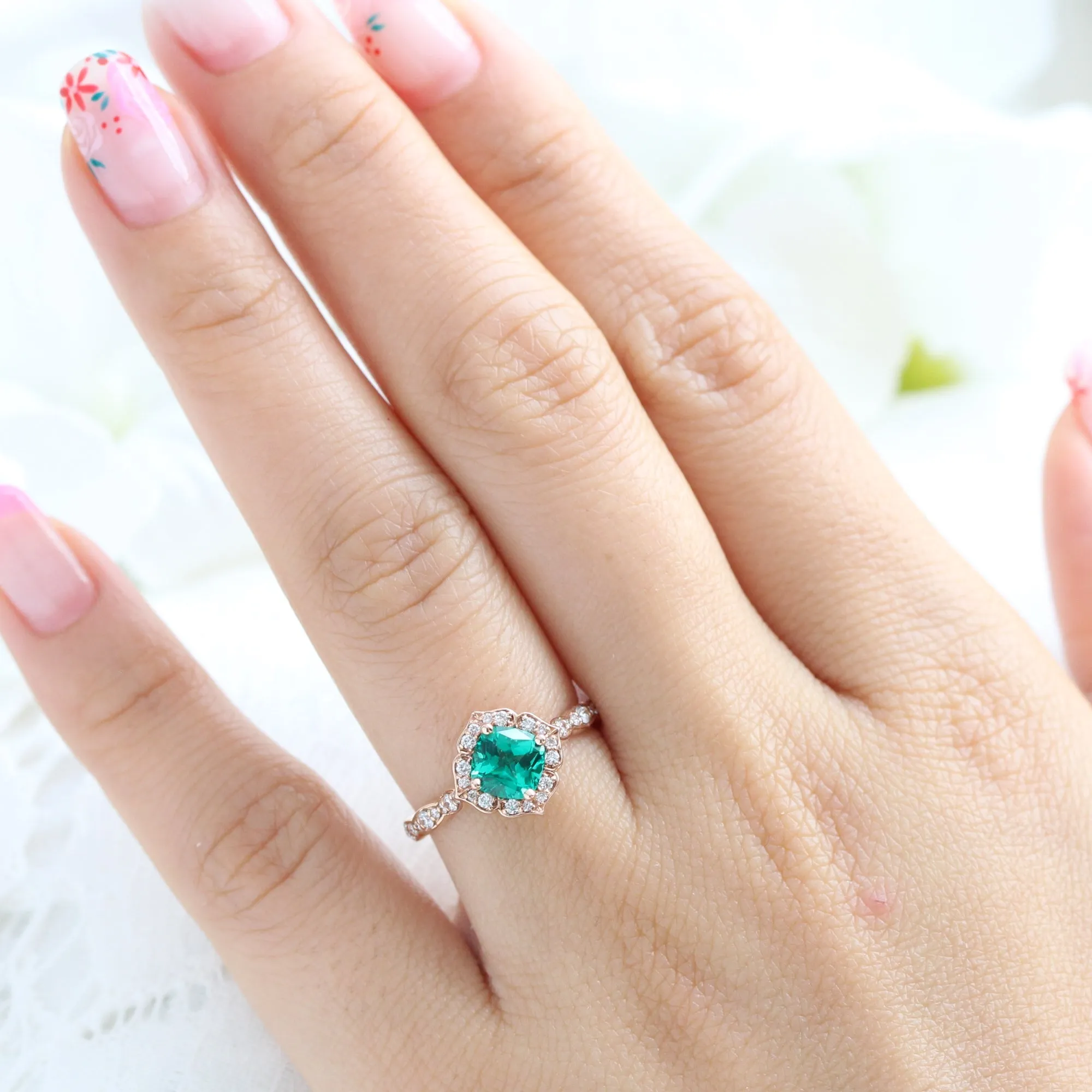Emerald Diamond Engagement Ring in Mini Vintage Floral Scalloped Band