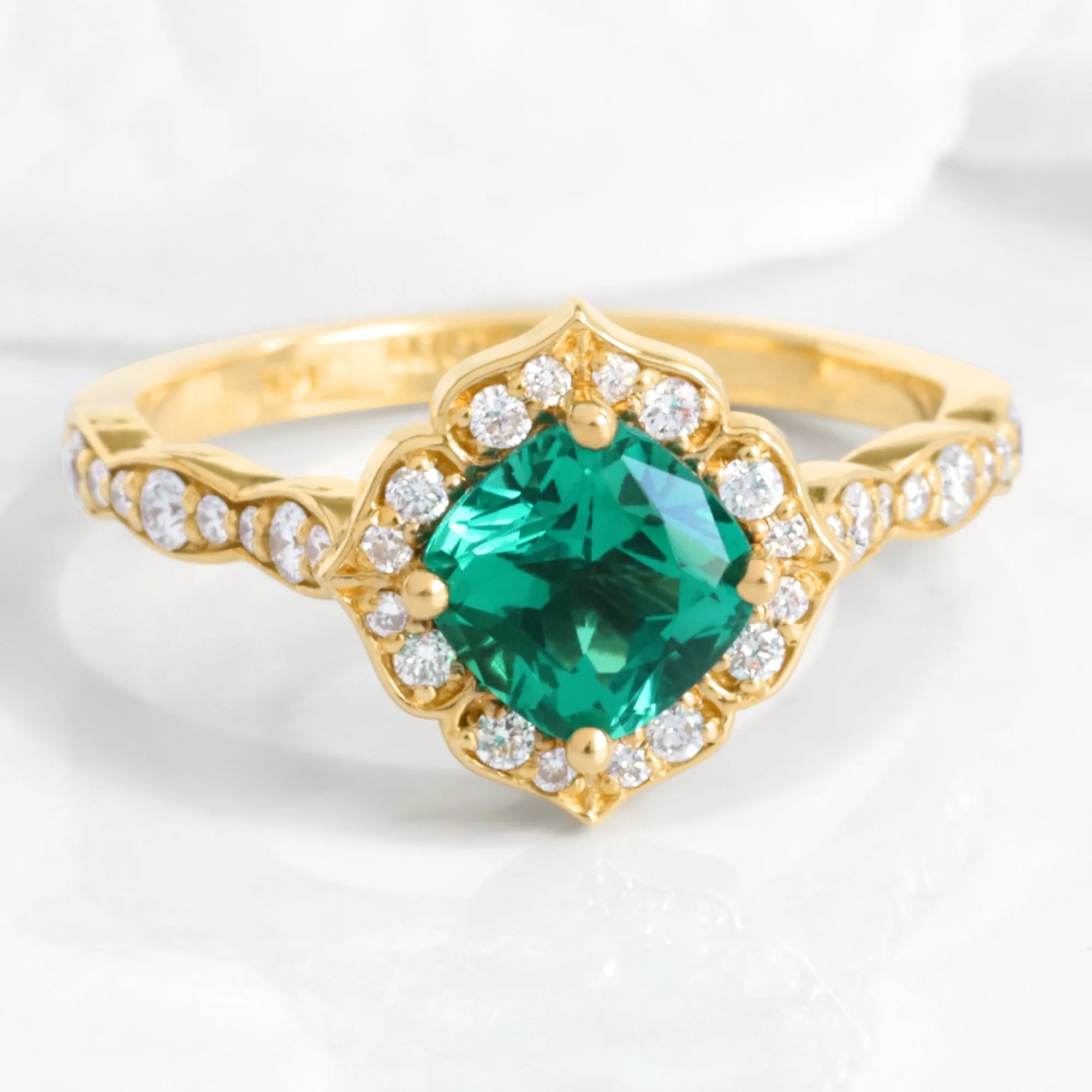 Emerald Diamond Engagement Ring in Mini Vintage Floral Scalloped Band