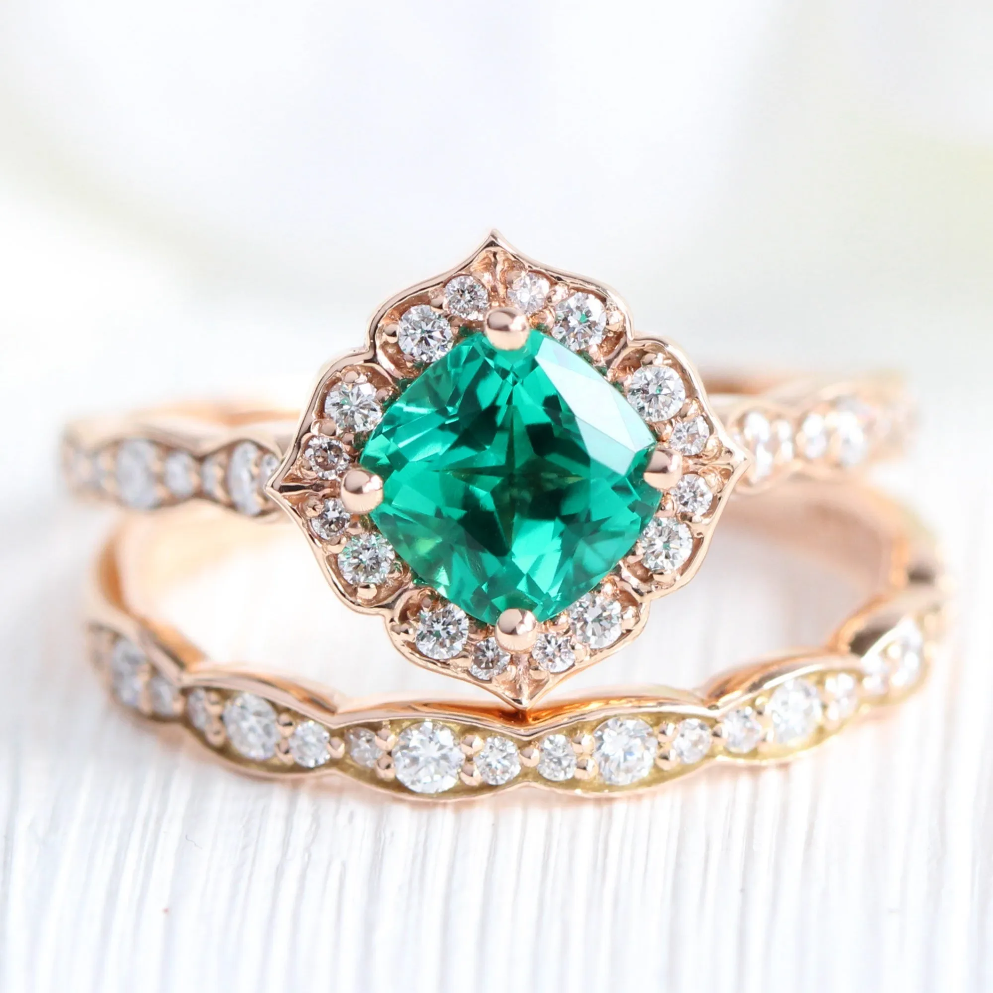Emerald Diamond Engagement Ring in Mini Vintage Floral Scalloped Band