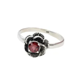 Flower Garnet Ring - Red Rose Ring - Silver Flower Ring