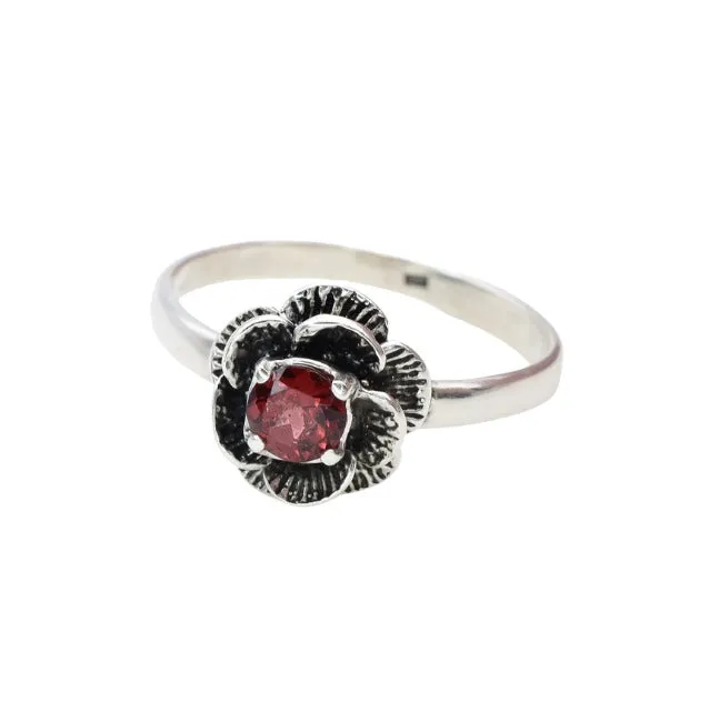 Flower Garnet Ring - Red Rose Ring - Silver Flower Ring