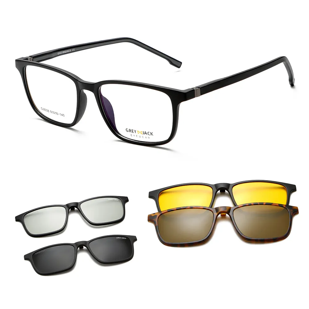 GREY JACK 3D TR90 Rectangular 4Pcs Magnetic Polarized Clip On Sunglasses 6038