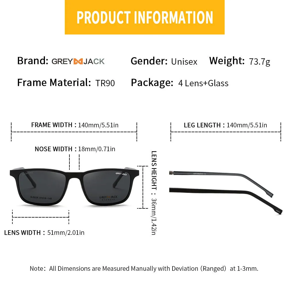 GREY JACK 3D TR90 Rectangular 4Pcs Magnetic Polarized Clip On Sunglasses 6038