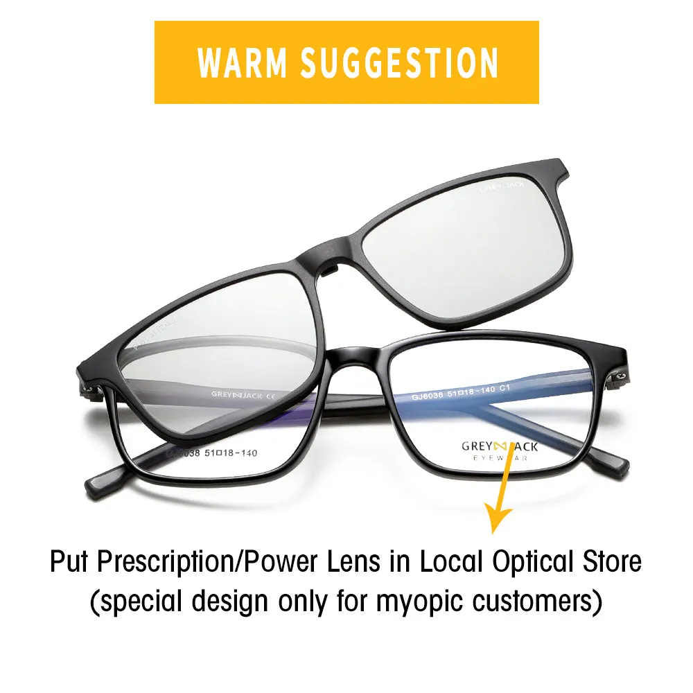 GREY JACK 3D TR90 Rectangular 4Pcs Magnetic Polarized Clip On Sunglasses 6038
