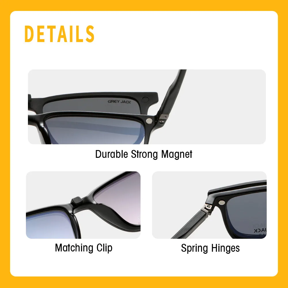 GREY JACK 3D TR90 Rectangular 4Pcs Magnetic Polarized Clip On Sunglasses 6038