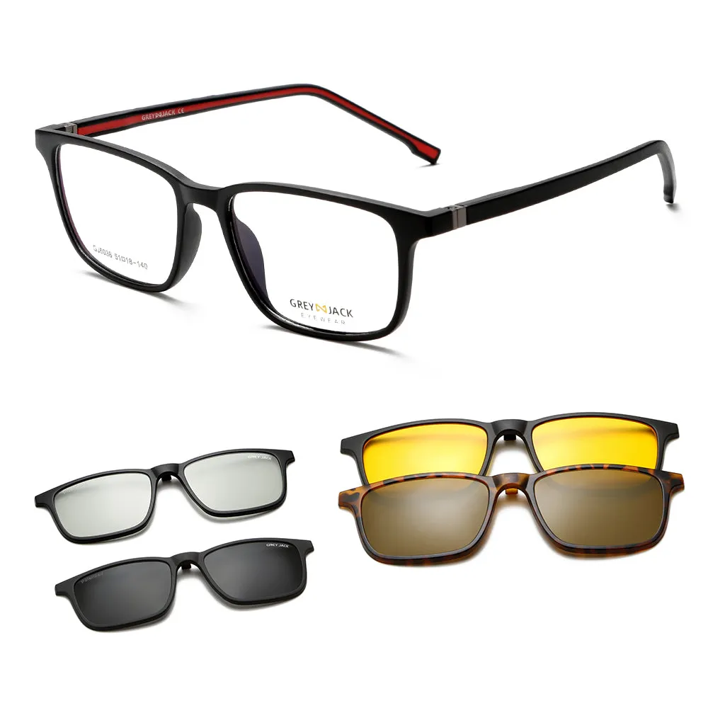 GREY JACK 3D TR90 Rectangular 4Pcs Magnetic Polarized Clip On Sunglasses 6038