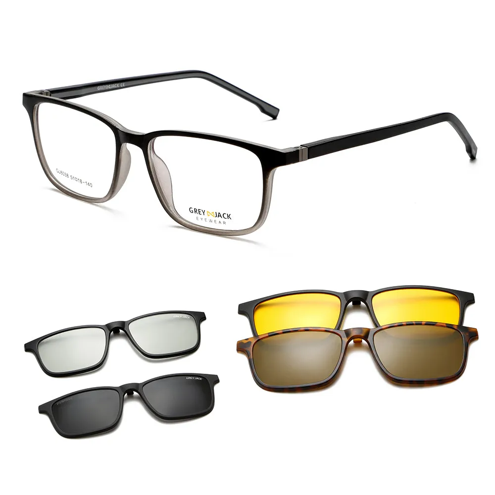 GREY JACK 3D TR90 Rectangular 4Pcs Magnetic Polarized Clip On Sunglasses 6038