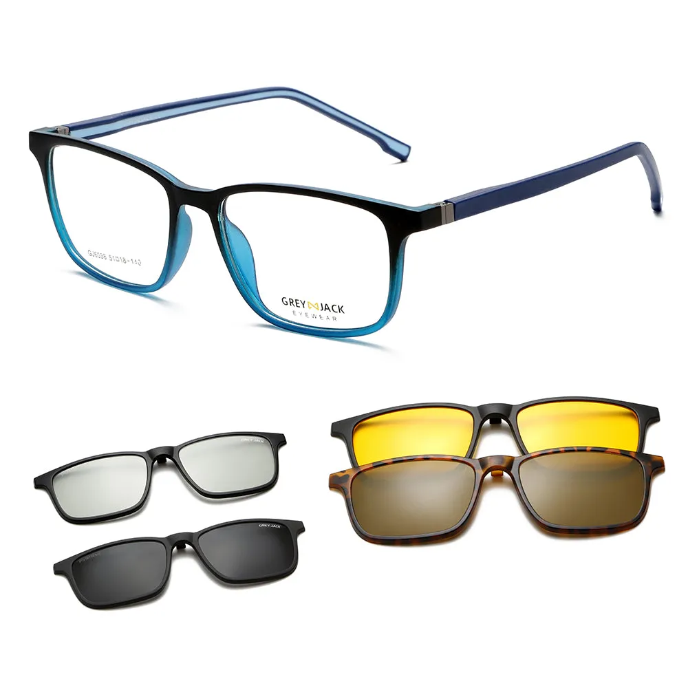 GREY JACK 3D TR90 Rectangular 4Pcs Magnetic Polarized Clip On Sunglasses 6038