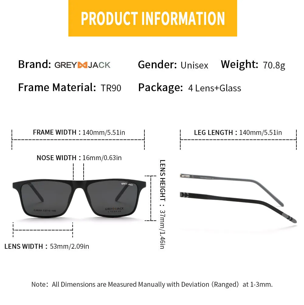 GREY JACK 4PCS Lens 3D Polarized Rectangle Clip on Glasses with Spring Hinge 6054