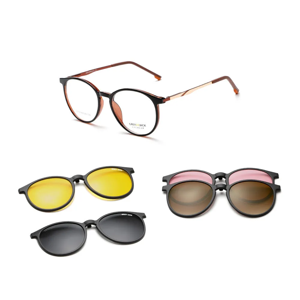 GREY JACK 4PCS TR90 Frame Round Clip On Glasses for Myopic Men Women 6109