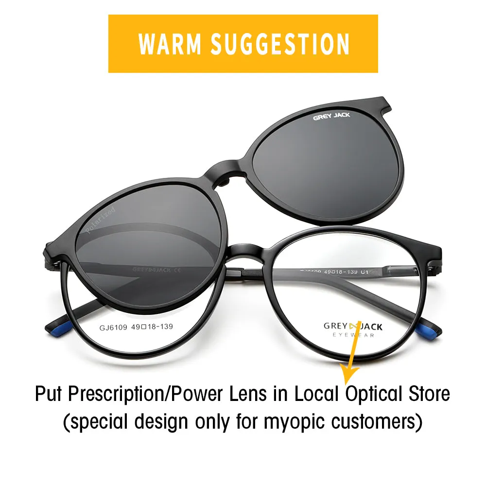 GREY JACK 4PCS TR90 Frame Round Clip On Glasses for Myopic Men Women 6109