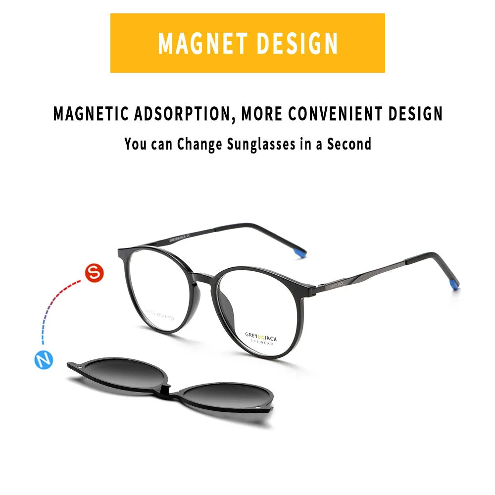 GREY JACK 4PCS TR90 Frame Round Clip On Glasses for Myopic Men Women 6109