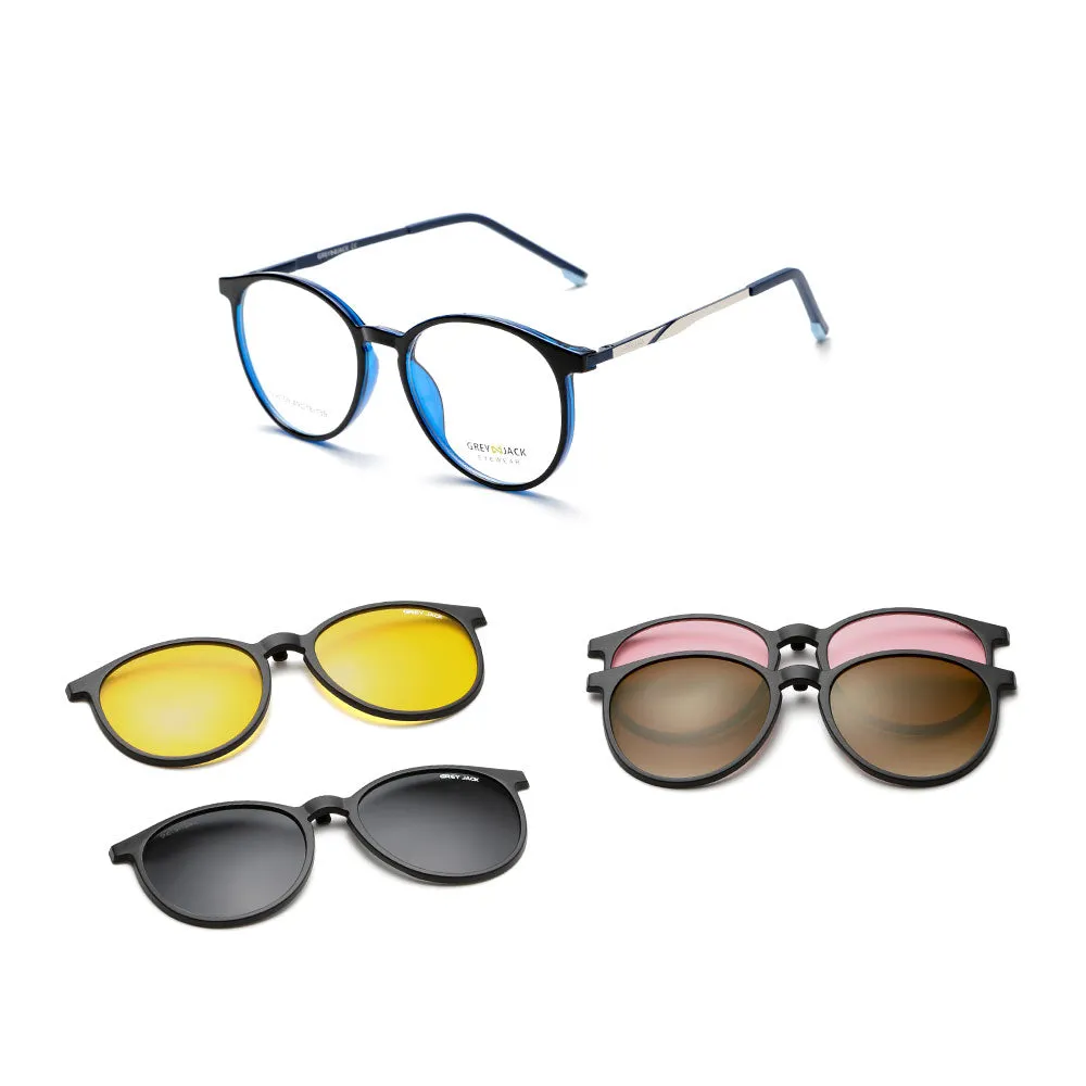 GREY JACK 4PCS TR90 Frame Round Clip On Glasses for Myopic Men Women 6109