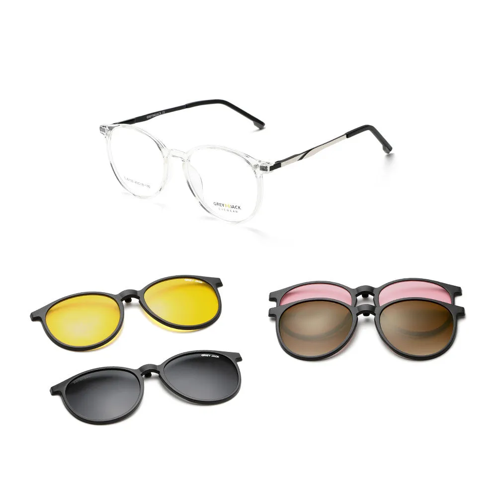 GREY JACK 4PCS TR90 Frame Round Clip On Glasses for Myopic Men Women 6109