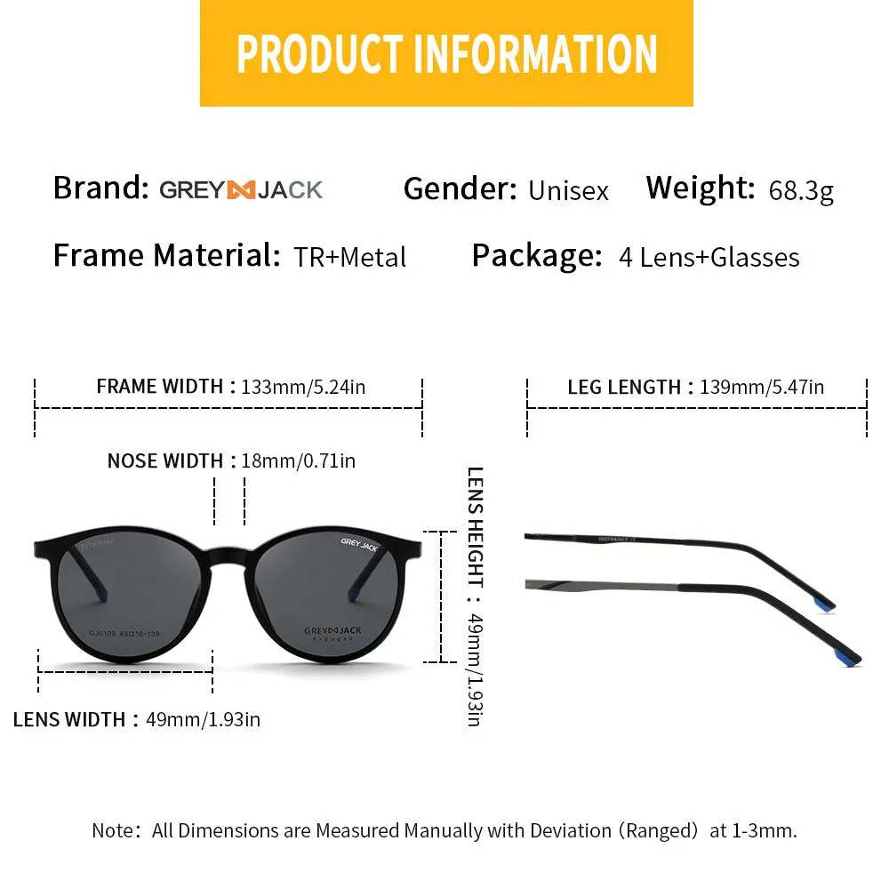 GREY JACK 4PCS TR90 Frame Round Clip On Glasses for Myopic Men Women 6109