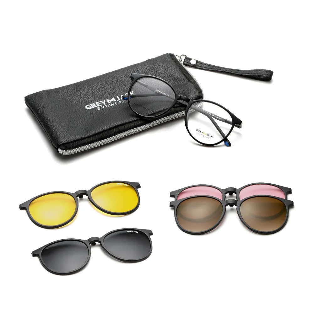 GREY JACK 4PCS TR90 Frame Round Clip On Glasses for Myopic Men Women 6109