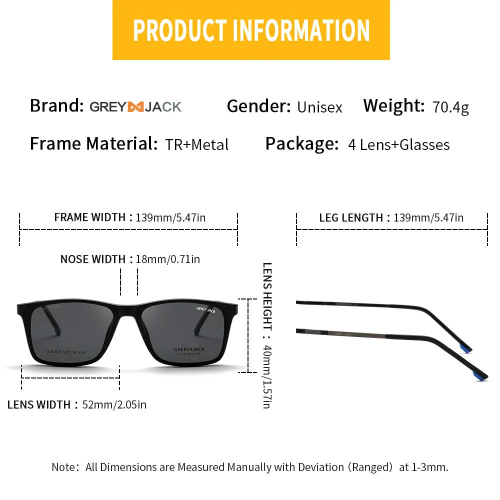 GREY JACK Latest Stylish Rectangle Magnetic Clip On Glasses for Men Women 6105