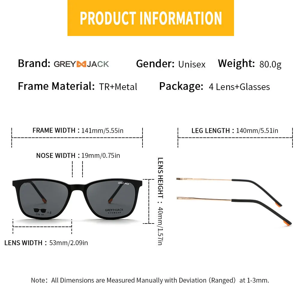 GREY JACK Magnetic Clip On Sunglasses for Myopic Men Women AGJ6071