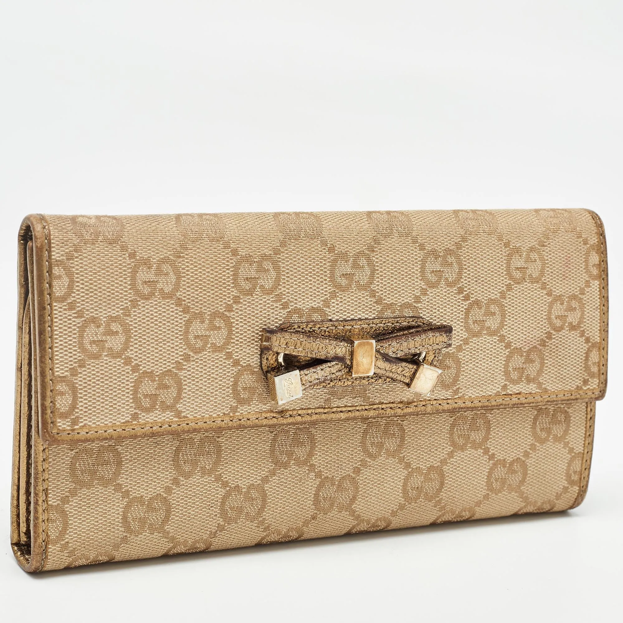 Gucci Gold/beige Gg Canvas And Leather Princy Continental Wallet