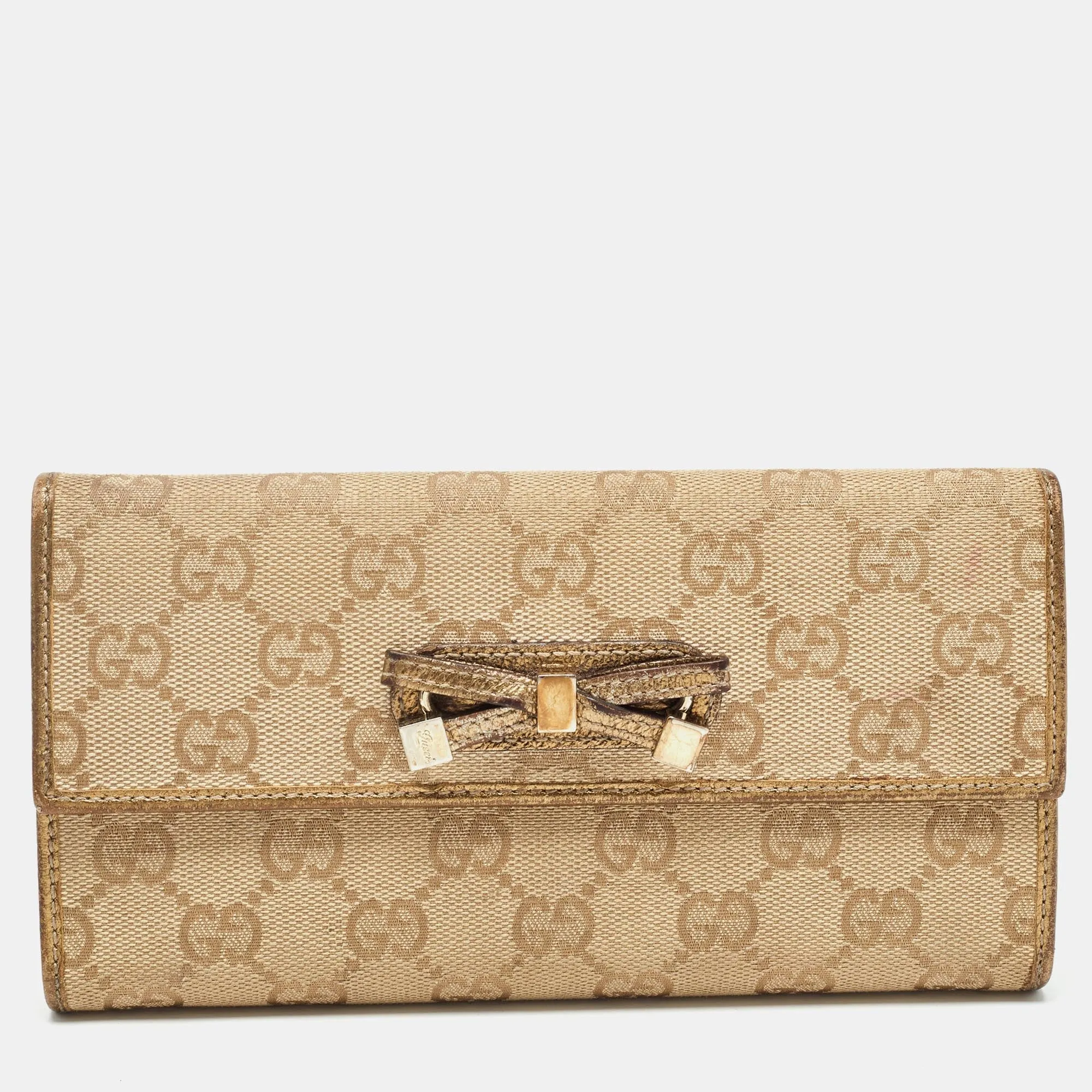 Gucci Gold/beige Gg Canvas And Leather Princy Continental Wallet