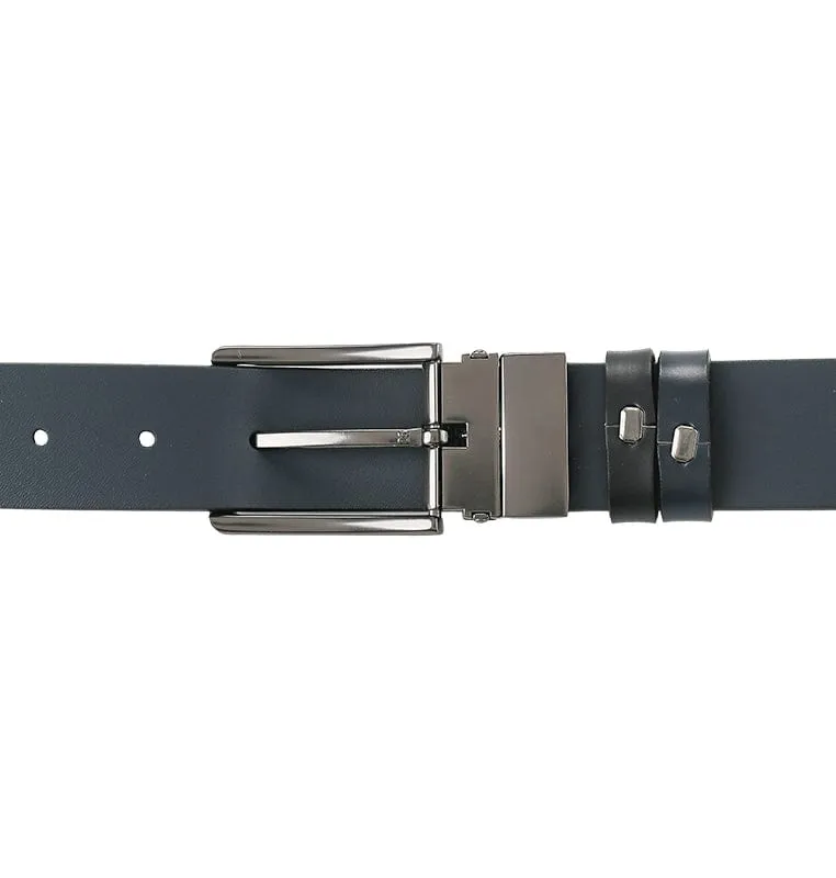 Gunmetal Formal Square Pin Buckle Reversible Top Grain Leather Belt - Black Blue